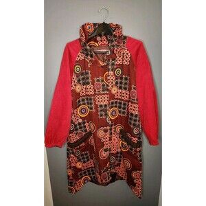 Coline Coat Women's L‎ Red Corduroy Button Lined Geometric Boho Bohemian Ethnic